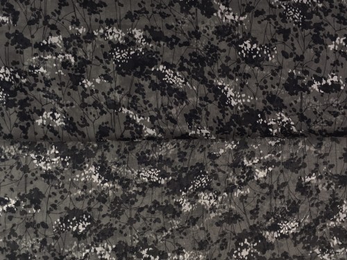 Szyfon 100% jedwab, szary, czarne kwiaty